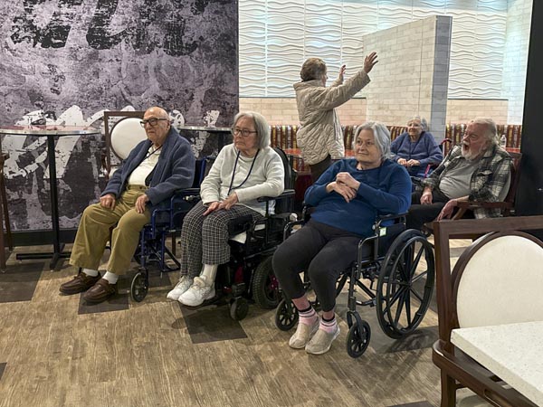 elderly people sitting in wheel chairs
