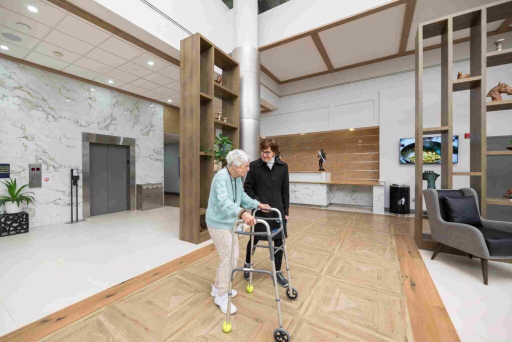 Comfortable assisted living apartment interior with cozy furniture
